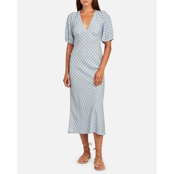 RIXO Blue White Checkered Steph Crepe Tie Back Puff Sleeves Midi Dress Size 10 - Picture 1 of 13